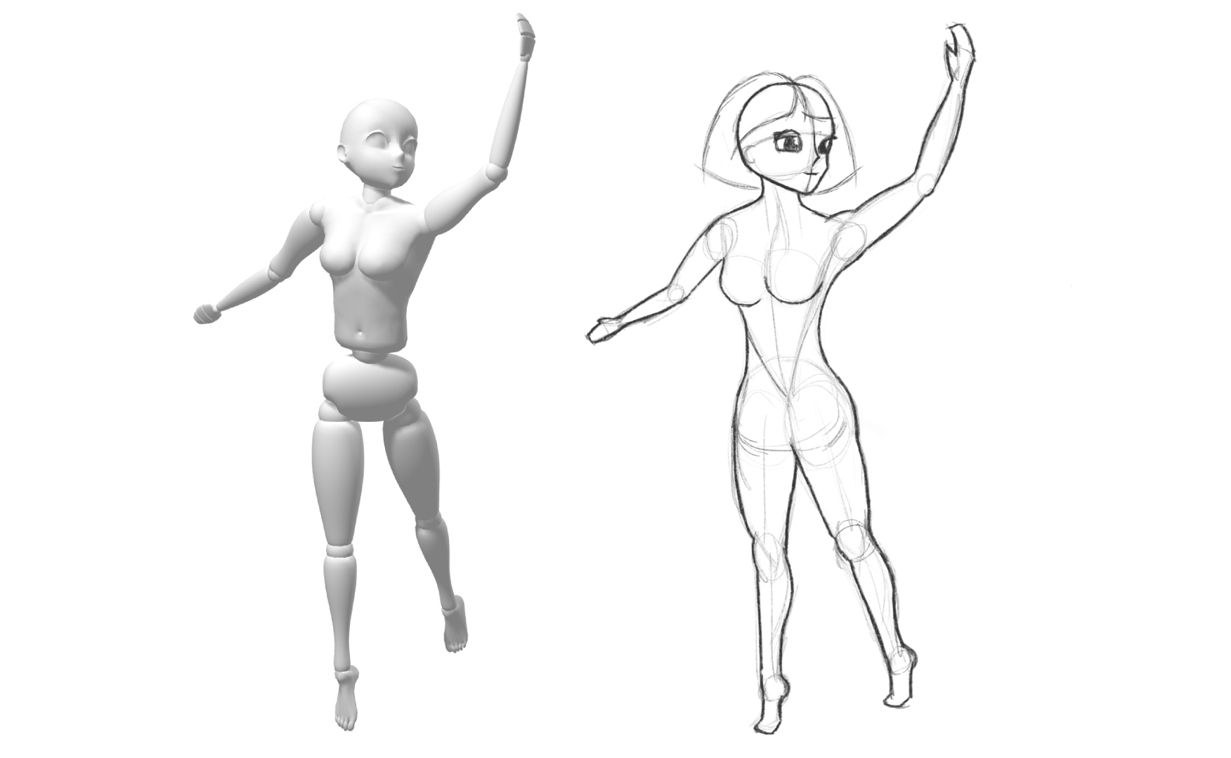 Anime reference pose with a sketched drawing