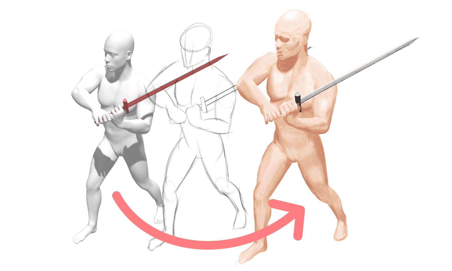 From SetPose's realistic reference pose to a sketch to a drawing